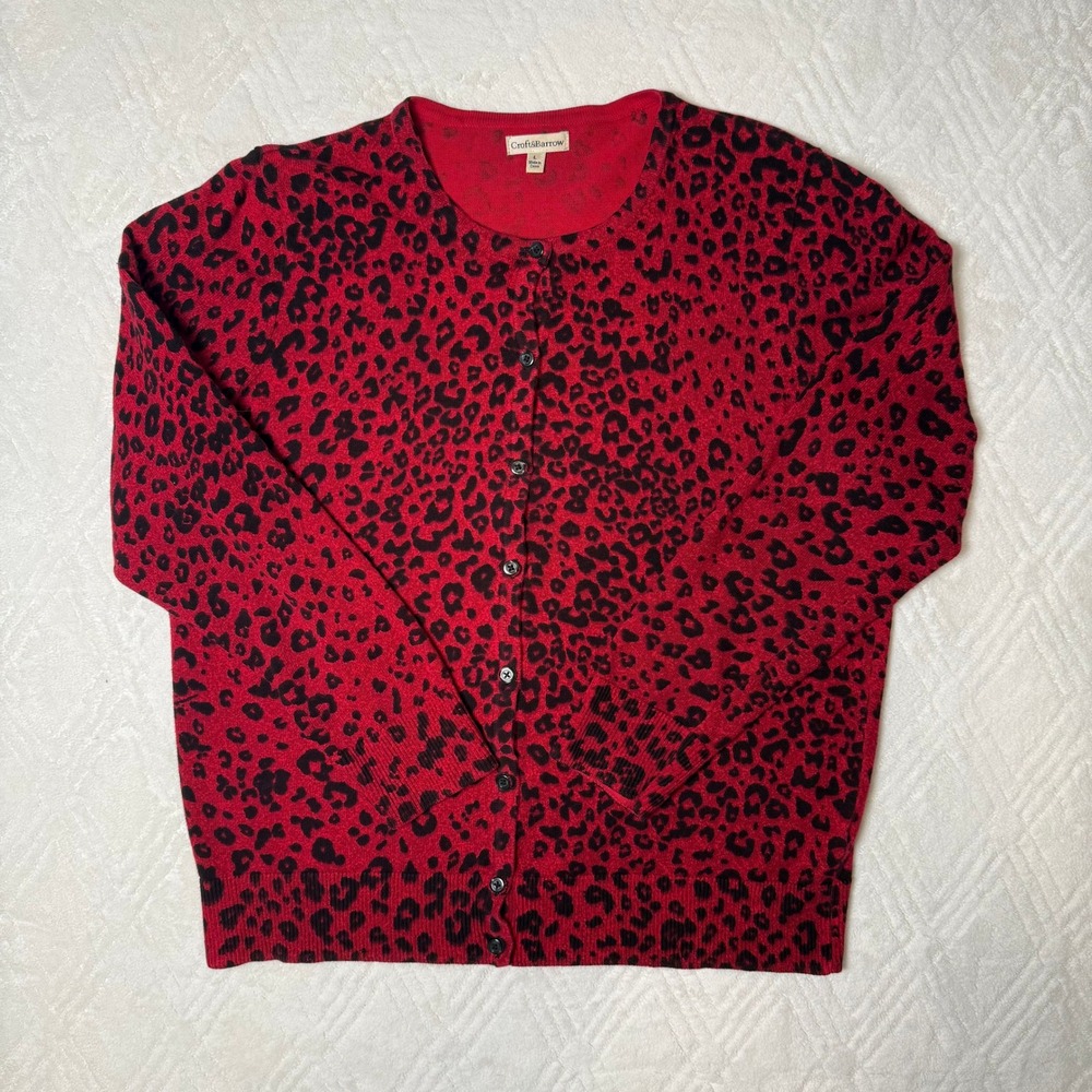 Cherry Red Leopard Croft & Barrow Cardigan L Cotton Animal Print Statement